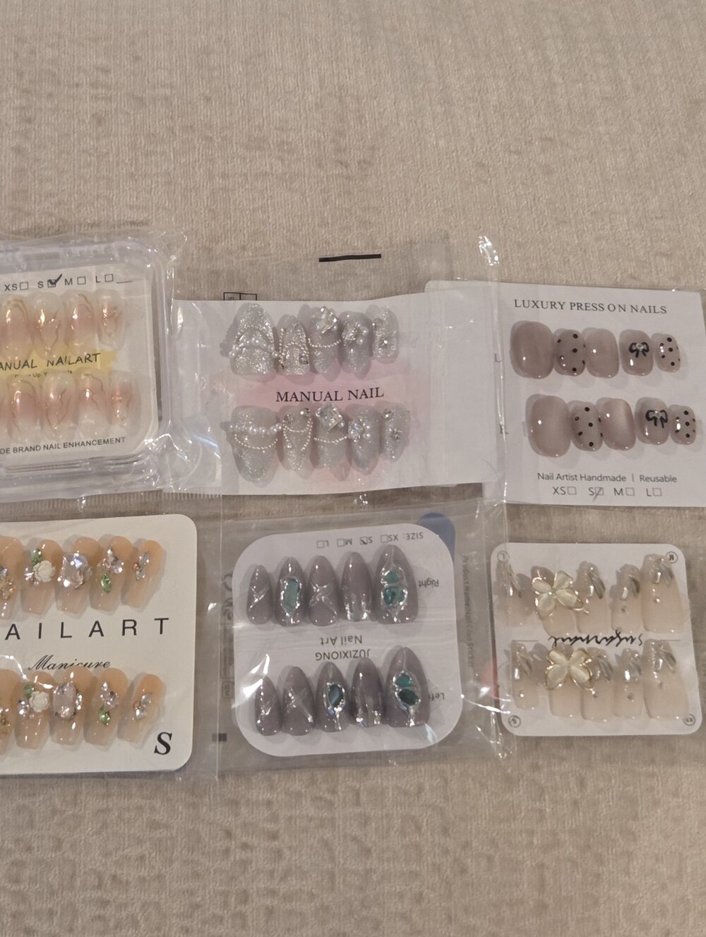 Luxury Press-On Nail Set — 6 Pairs Size Small, Assorted Neutral & Silver, Pink